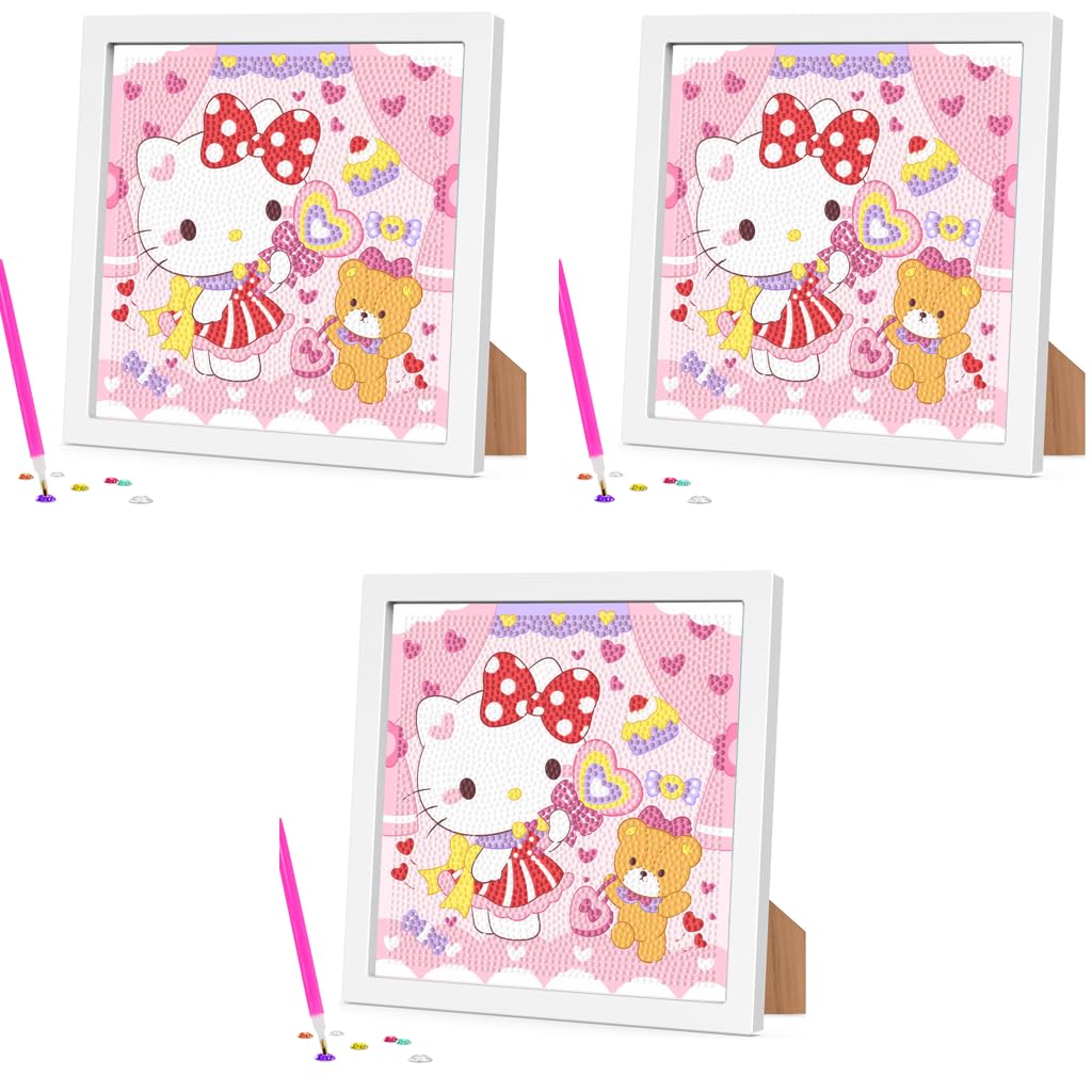 FANCYKU DIY Diamond Painting Kit for Kids with Wooden Frame and 3 PCS 7 Inch Cute Cat Art | Fun Desk Decoration Craft Gift