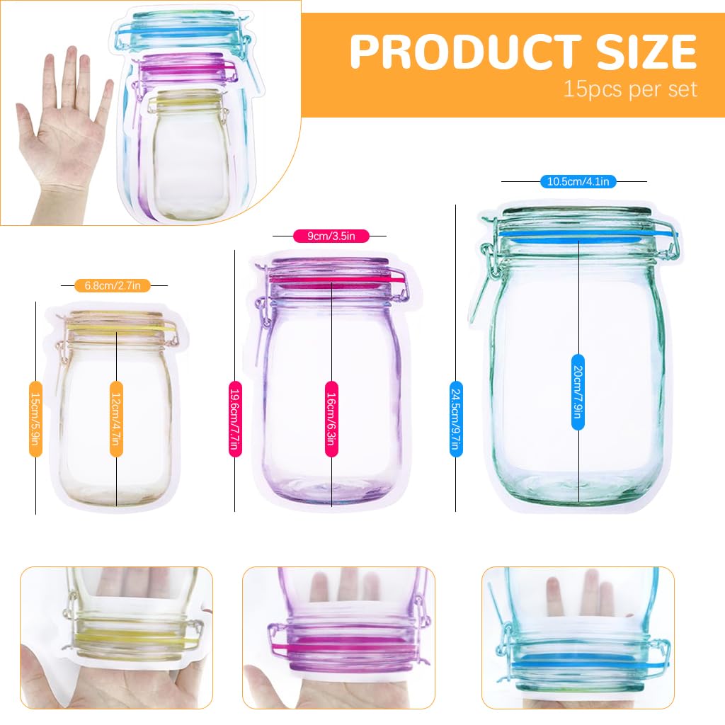 ZIBUYU Ziplock Bags for Fridge with Leak Proof Closure 15pcs Mason Jar Shape PE Containers | 3 Sizes for Snacks and Kitchen Storage