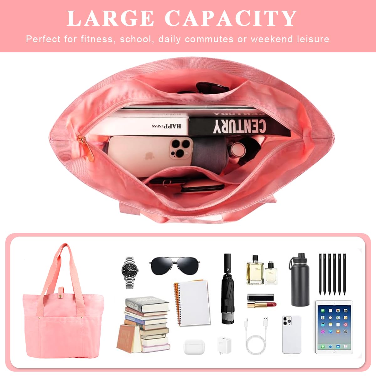 Zibuyu Tote Bag for Women with 20L Capacity and Foldable Design in Pink Polyester | Ideal for Travel, College and Office