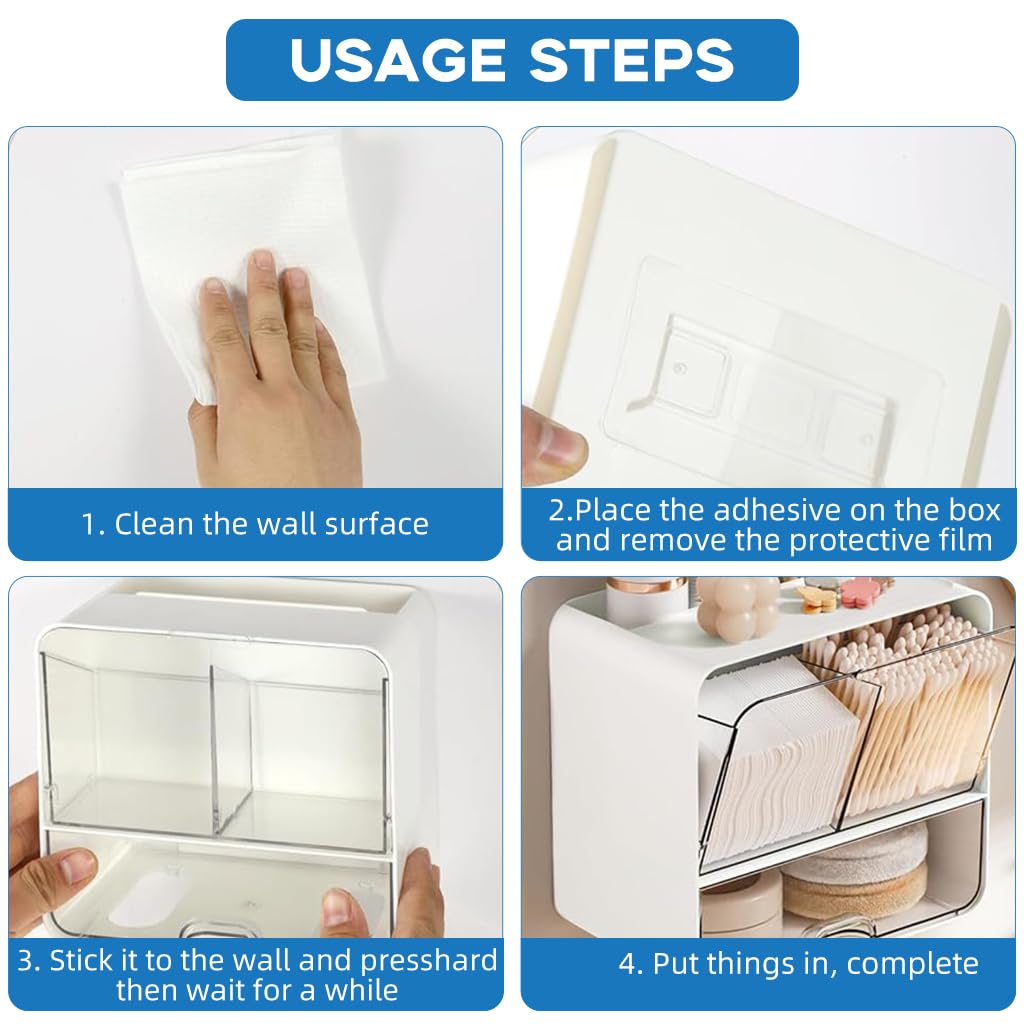 HASTHIP Bathroom Organizer for Cotton Pads and Swabs with Flip Covers 16.3x10.8x17.2 cm | Wall Mounted White Storage Case