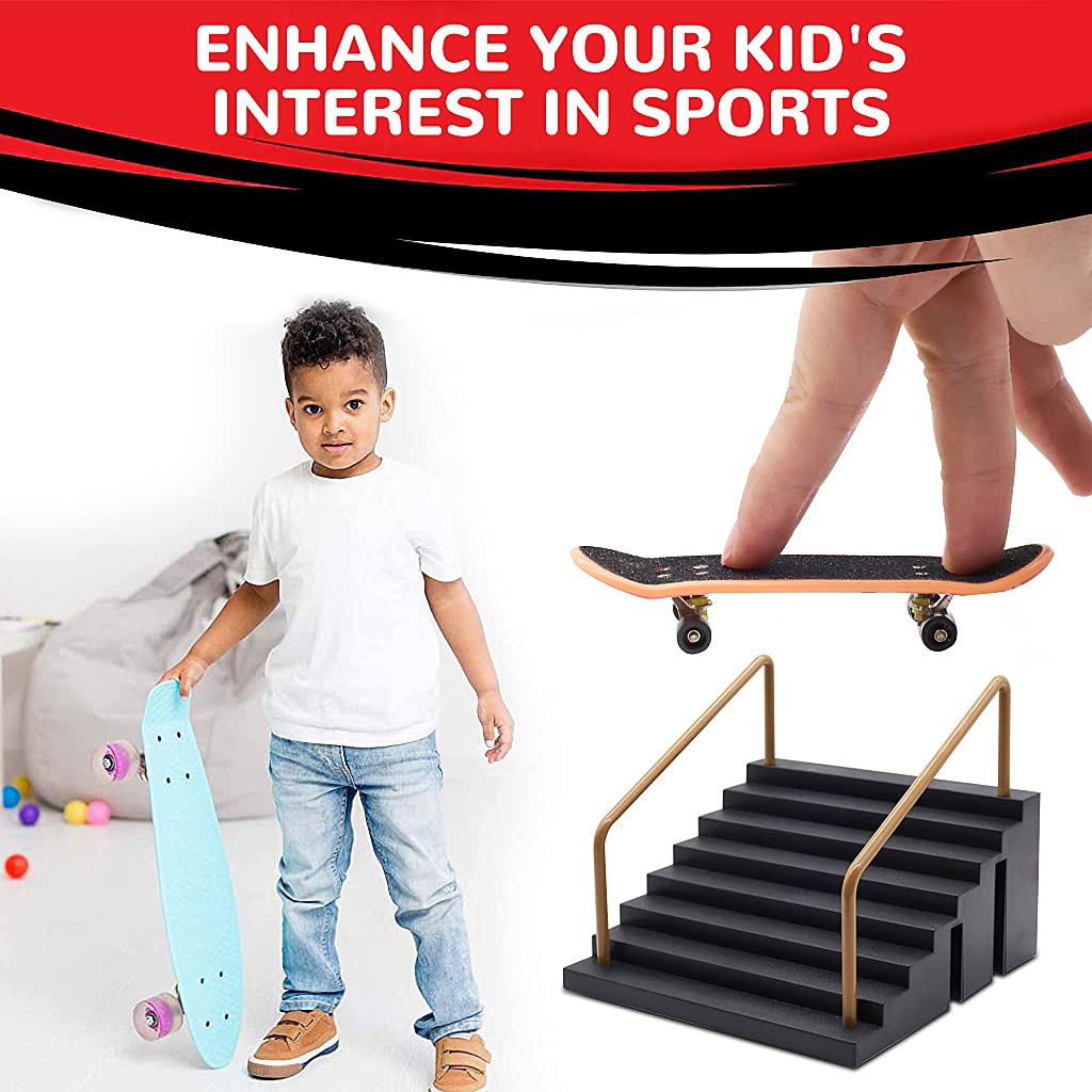 PATPAT Fingerboard Rail Park Stair Kit for Tabletop Tricks with Handrails and Mini Skateboard | 5.6x5.6x2.76 in Black Toy for Kids 9+