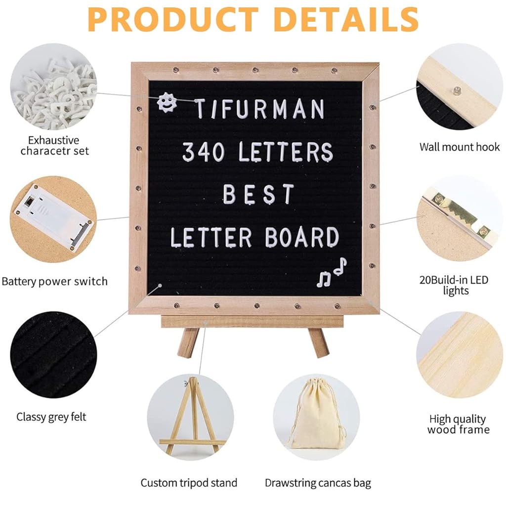 Climberty® 10x10 Inches Felt Letter Board with LED Lights for Sign Message Announcement Wall Decor Changeable Board Stand 340 White Letters Symbols Scissors Drawstring Bag 2 PCS
