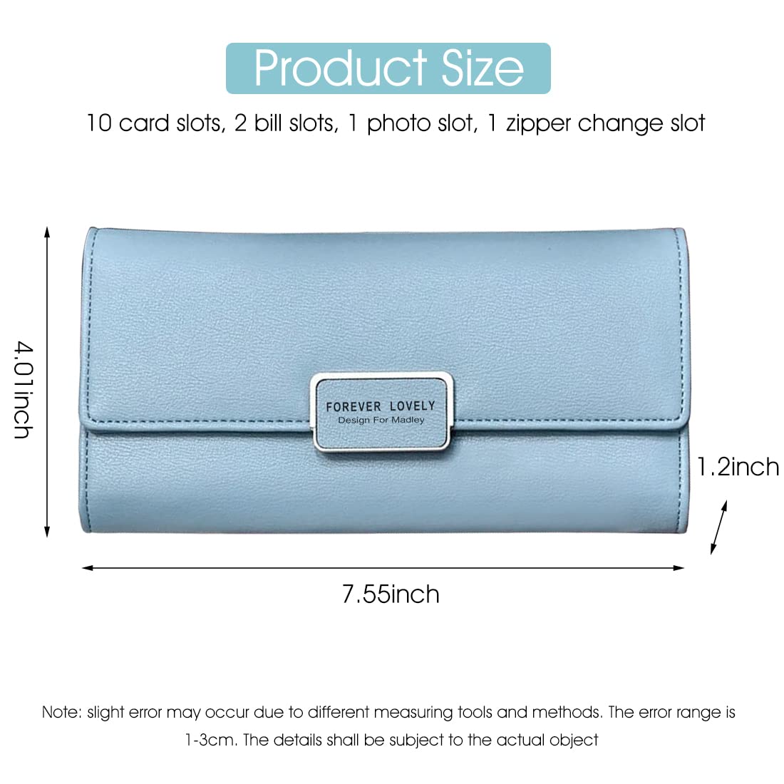 PALAY Wallet for Girls featuring Snap Button Trifold Design with 10 Card Slots | Blue PU Leather 7.5 x 3.9 x 1.2 in