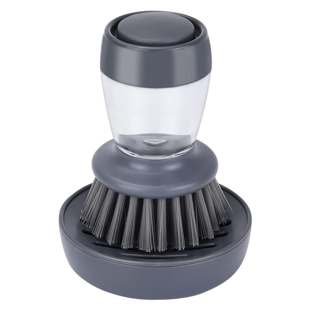 ZIBUYU Kitchen Pot Brush with Drip Stand, 2 in 1 Dish Scrub Bursh with Refillable Soap Dispenser Utility Hands-free Kitchen Dishwashing Cleaning Scrub Brush for Pot, Pan, Plates, Sink