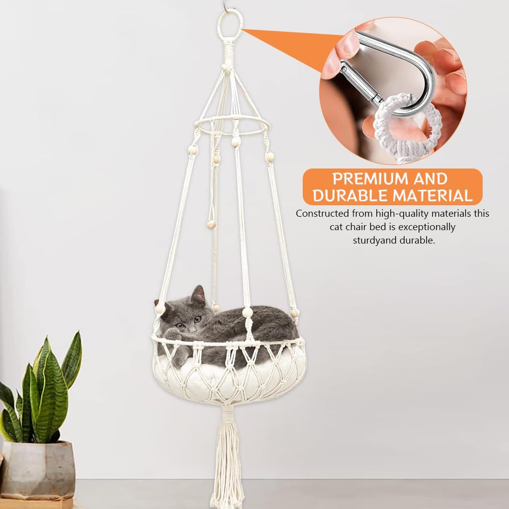 Qpets Ceiling Chair for Cat with Soft Cushion and 47.2 in Hanging Design | Boho Woven Bed