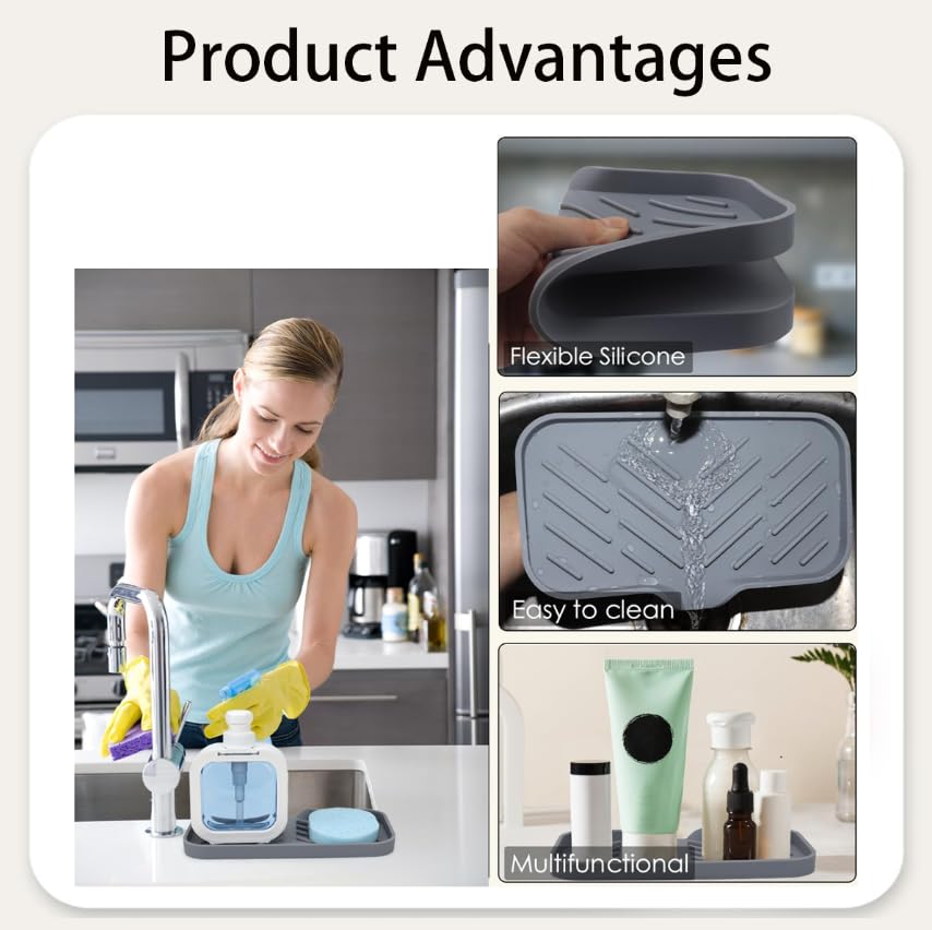 ZIBUYU Multi Purpose Sink Drainer Mat for Kitchen with Angled Drain Spout | Non Slip Silicone Organizer Tray