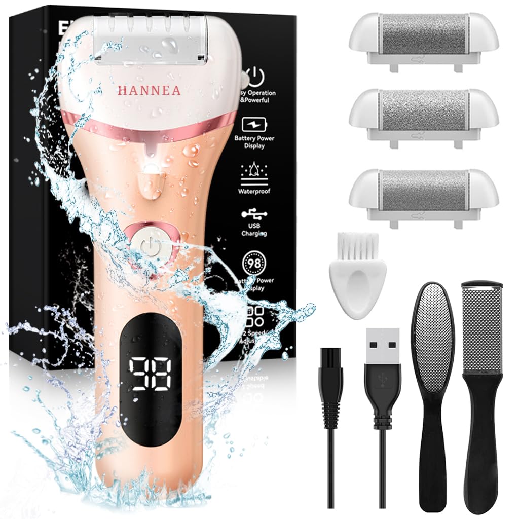 HANNEA Electric Callus Remover for Feet with 3 Rollers and LED Light | 2 Speed Rechargeable Foot Scrubber