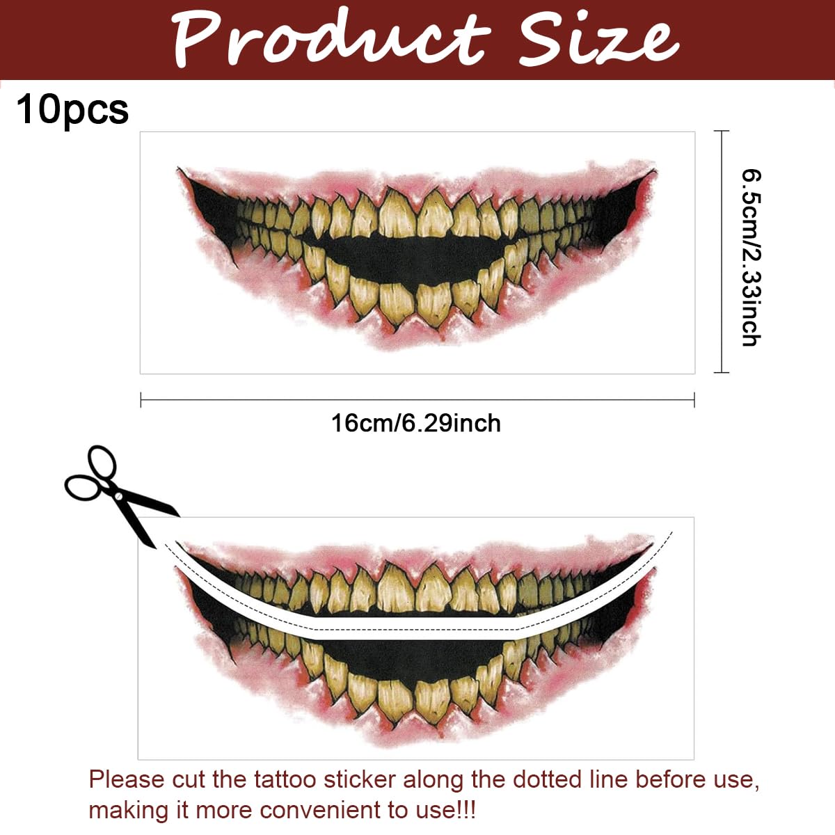 MAYCREATE® Halloween Horror Face Stickers Horror Smile Mouth Stickers Temporary Tattoo Stickers 3D Realistic Face Tattoo Stickers Halloween Scary Vampire Venom Cosplay Makeup Stickers, 10 Sheet