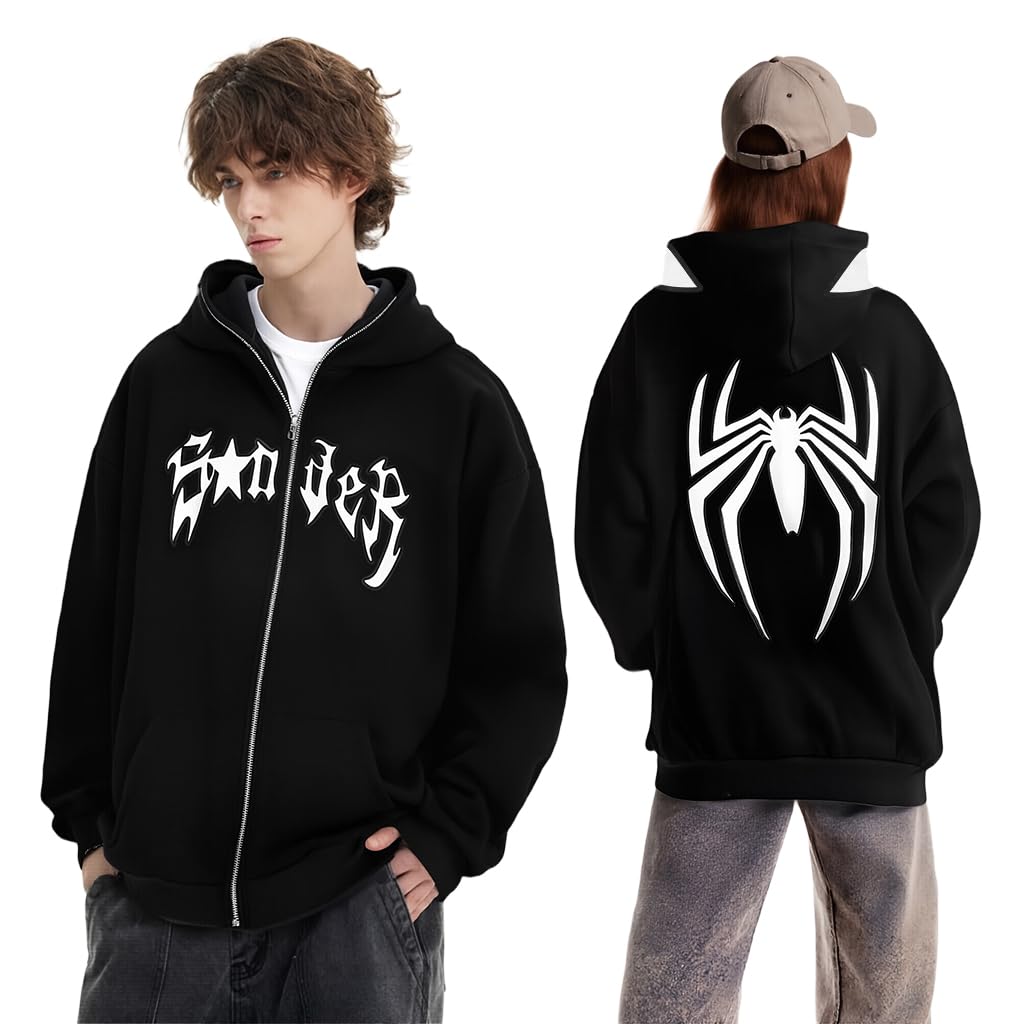 GUSTAVE Hoodie for Men and Women featuring Full Zip Face Cover | Spider Graphic Y2K Streetwear