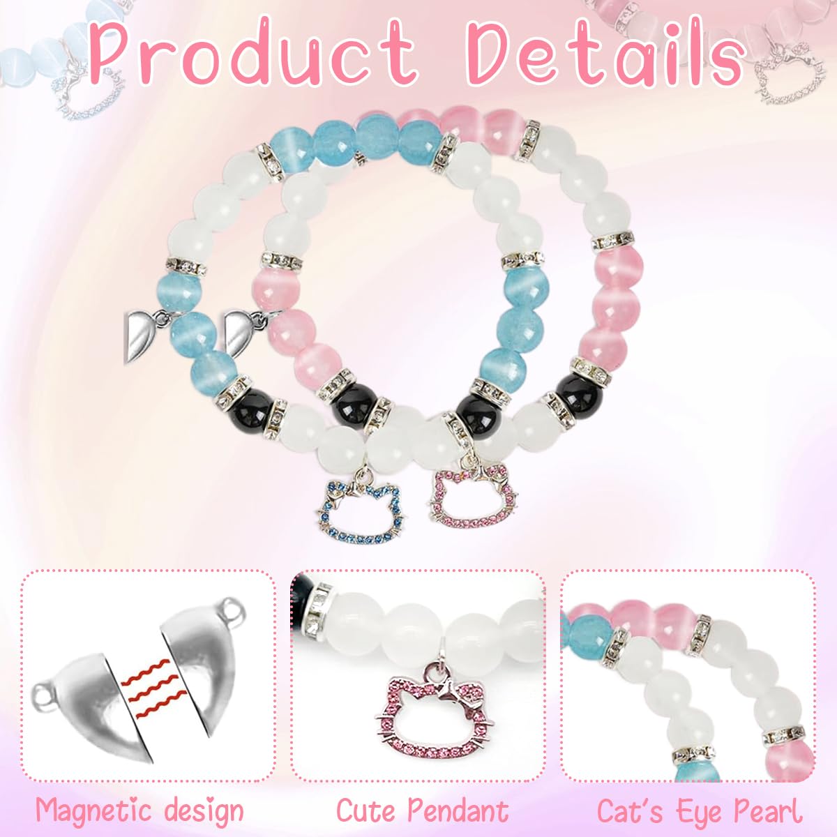SANNIDHI Friendship Bracelet for Girls Matching Bracelets Hello Kitty Magnetic Opal Beads Bracelet for Woman Kids Kawaii Sisters BFF Couple Bracelets Gift for Friends