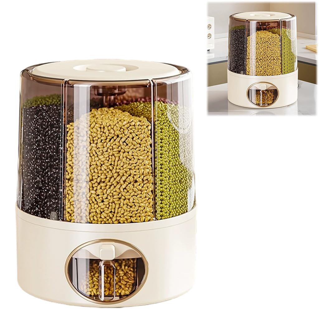 Supvox Cereal Dispenser for Kitchen with 6-in-1 Compartments and 24lbs Rice Storage | Moisture-Proof Rotatable Design