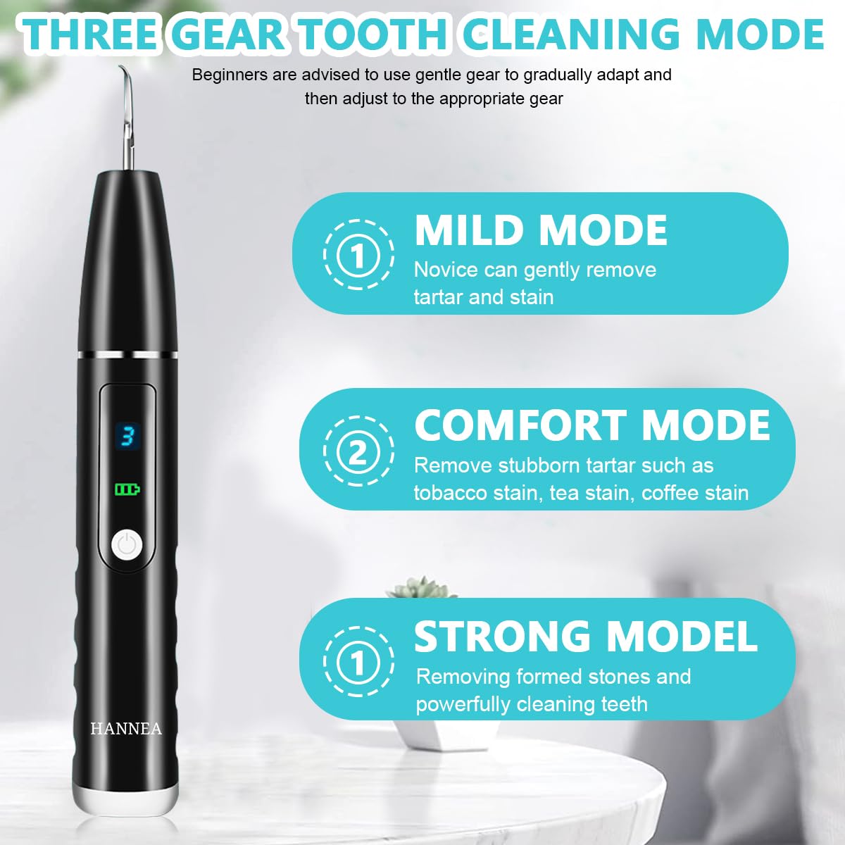 HANNEA® Tooth Polisher, Rechargeable Tooth Whitening Kit for Teeth Cleaning and Whitening, IPX6 Waterproof, 5 Speed Modes & 5 Brush Heads Dental Teeth Polisher with LED Light for Adults & Kids