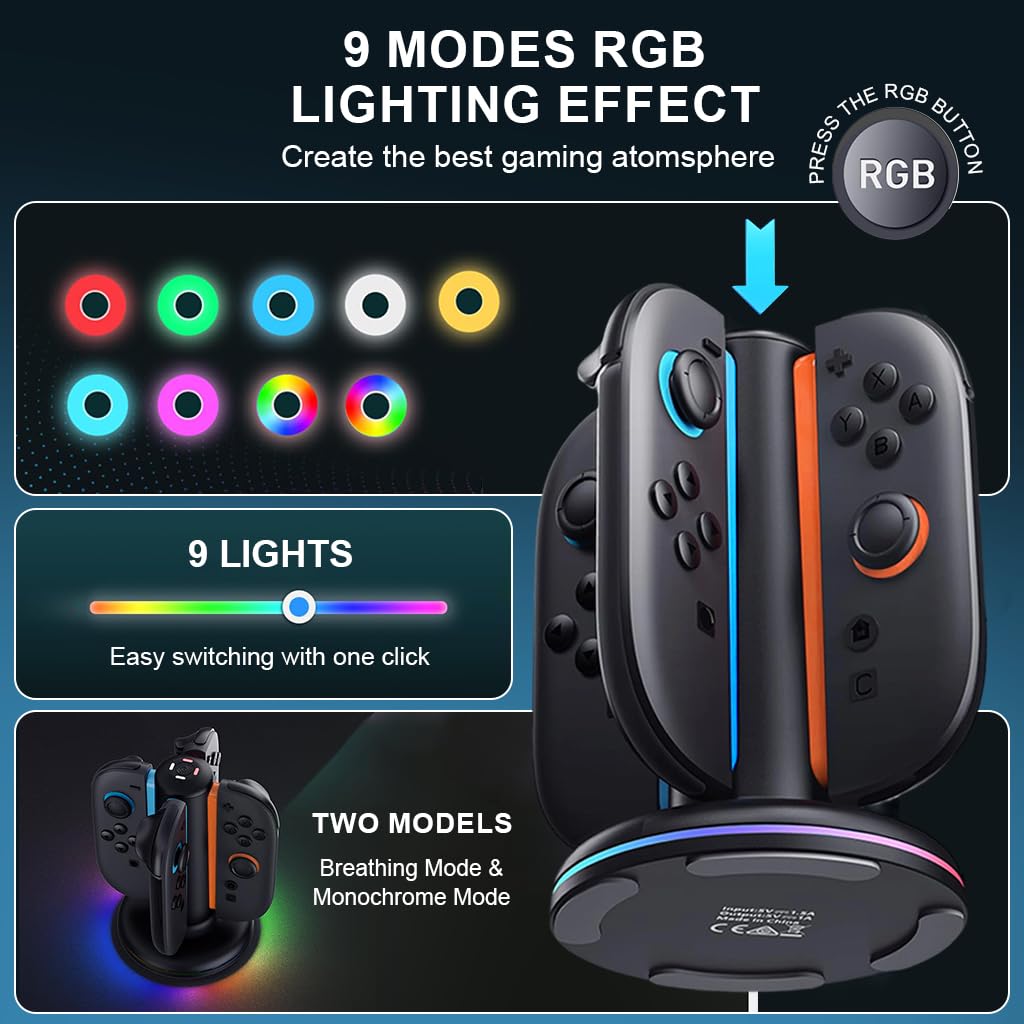 ZORBES Charging Station for Nintendo Switch 2 Joy‑Cons with 9 RGB Modes and Magnetic Base