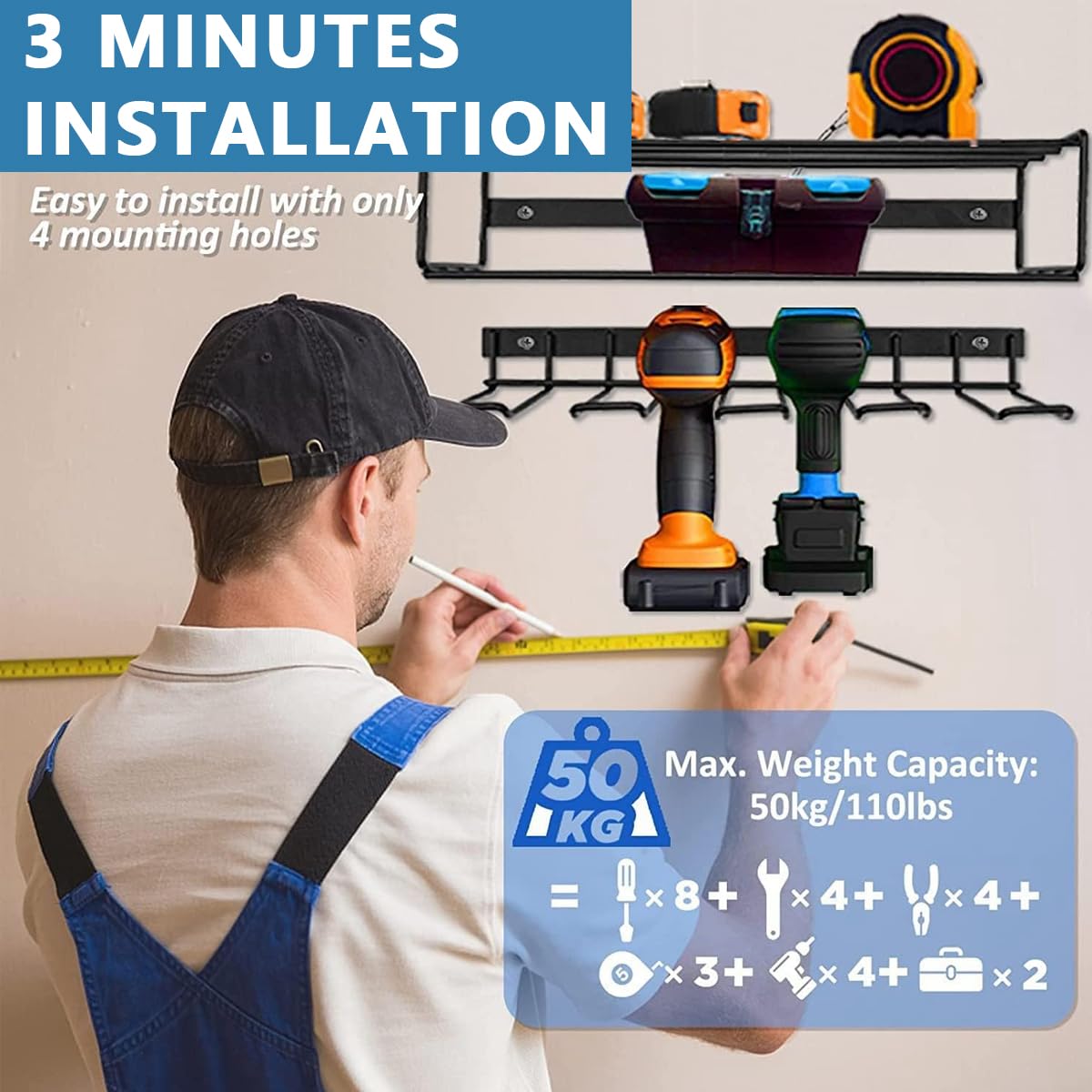 HASTHIP Electric Tool Organizer Rack for Garage with 3 Layer Wall Mount Steel Shelf | Holds 4 Drills and Up to 50 lbs