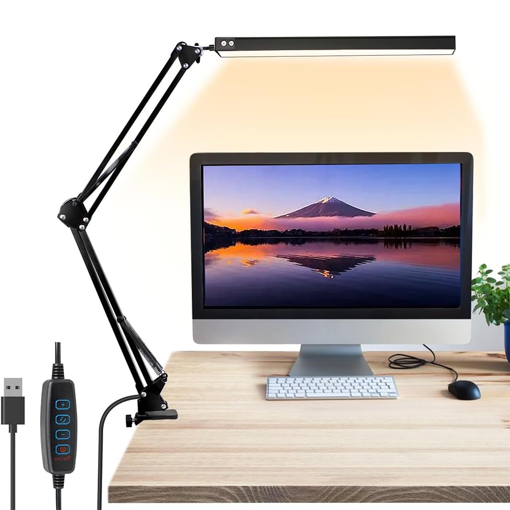 ELEPHANTBOAT® LED Desk Lamp 3-Color Dimmable USB Reading Light with Flexible Arm, Adjustable Eye-Caring Desk Light with Clamp for Home, Office, Study, Crafting (Black)