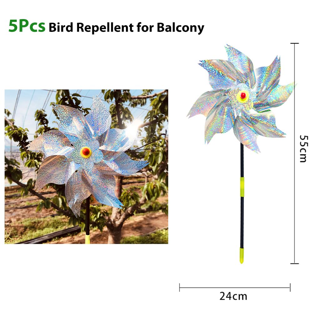 Optifit® 5Pcs Bird Repellent for Balcony, Silver Reflective Pinwheels Pigeon Scarer, Ornamental 8-Blade Windmill Anti Bird Device for Roof Edge, Fence, Garden Yard Lawn