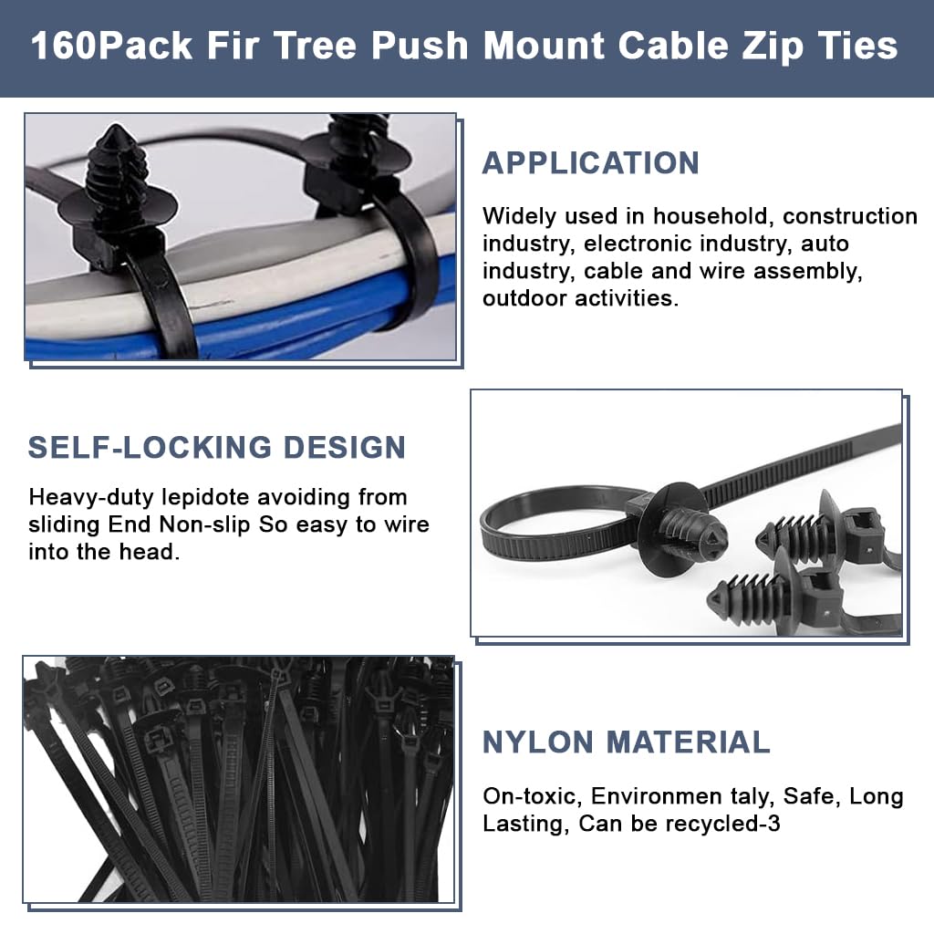 STHIRA Cable Ties 160 Pcs for Car Home and Office featuring Push Mount Self Locking Nylon | 5 Assorted Sizes for Easy Cable Management