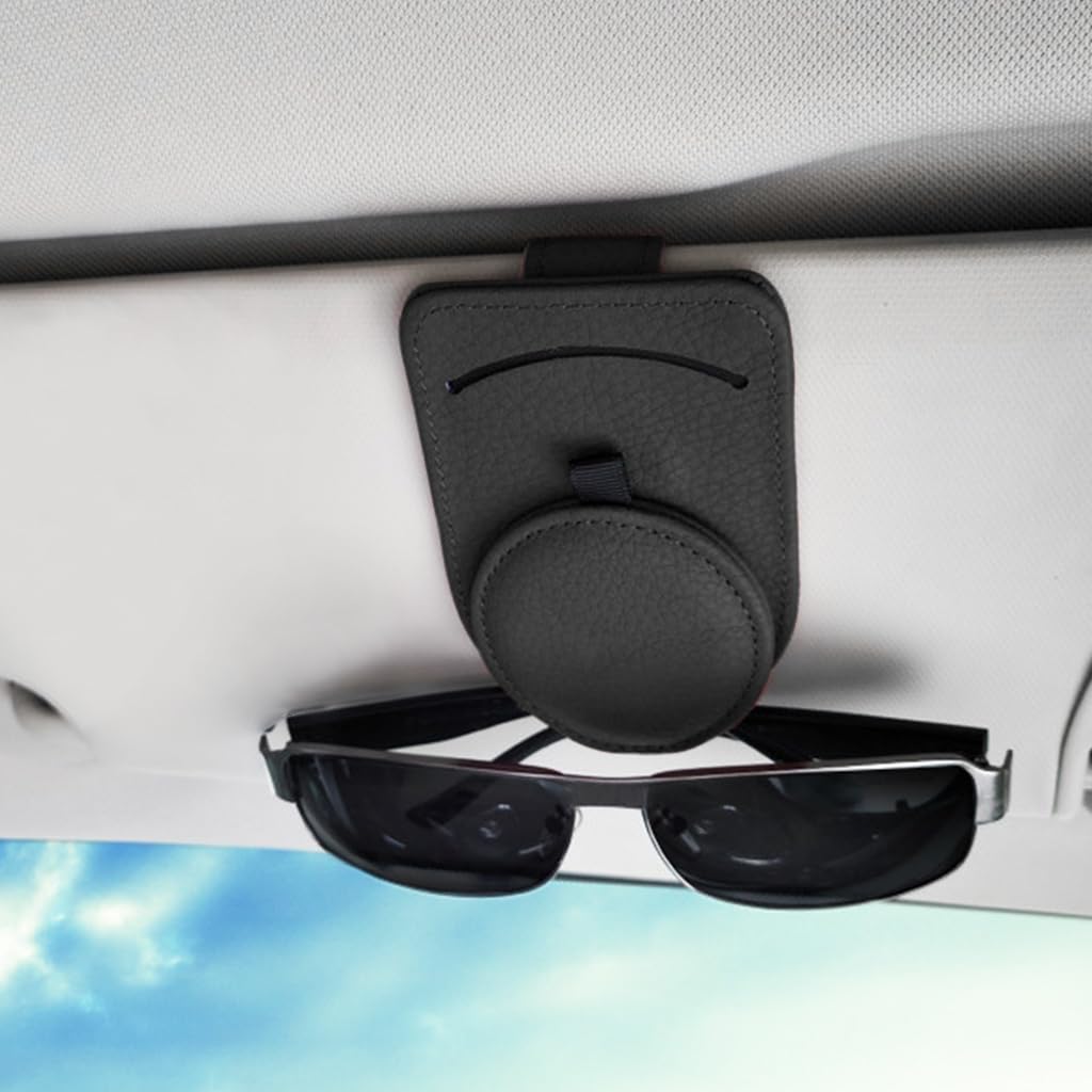 STHIRA Clip On Sunglasses Holder for Car Sun Visor with Magnet Closure 4.33x2.76 in PU Leather | Includes Card Slot