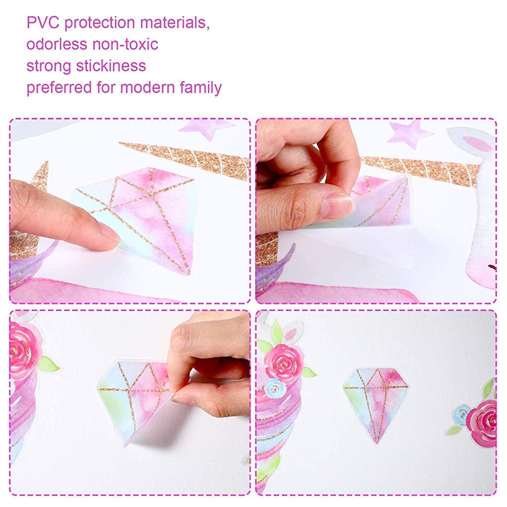 HASTHIP Unicorn Wall Sticker for Kids Room with Self Adhesive Back 23.6 x 8.9 in PVC Pink | Botanical Pattern