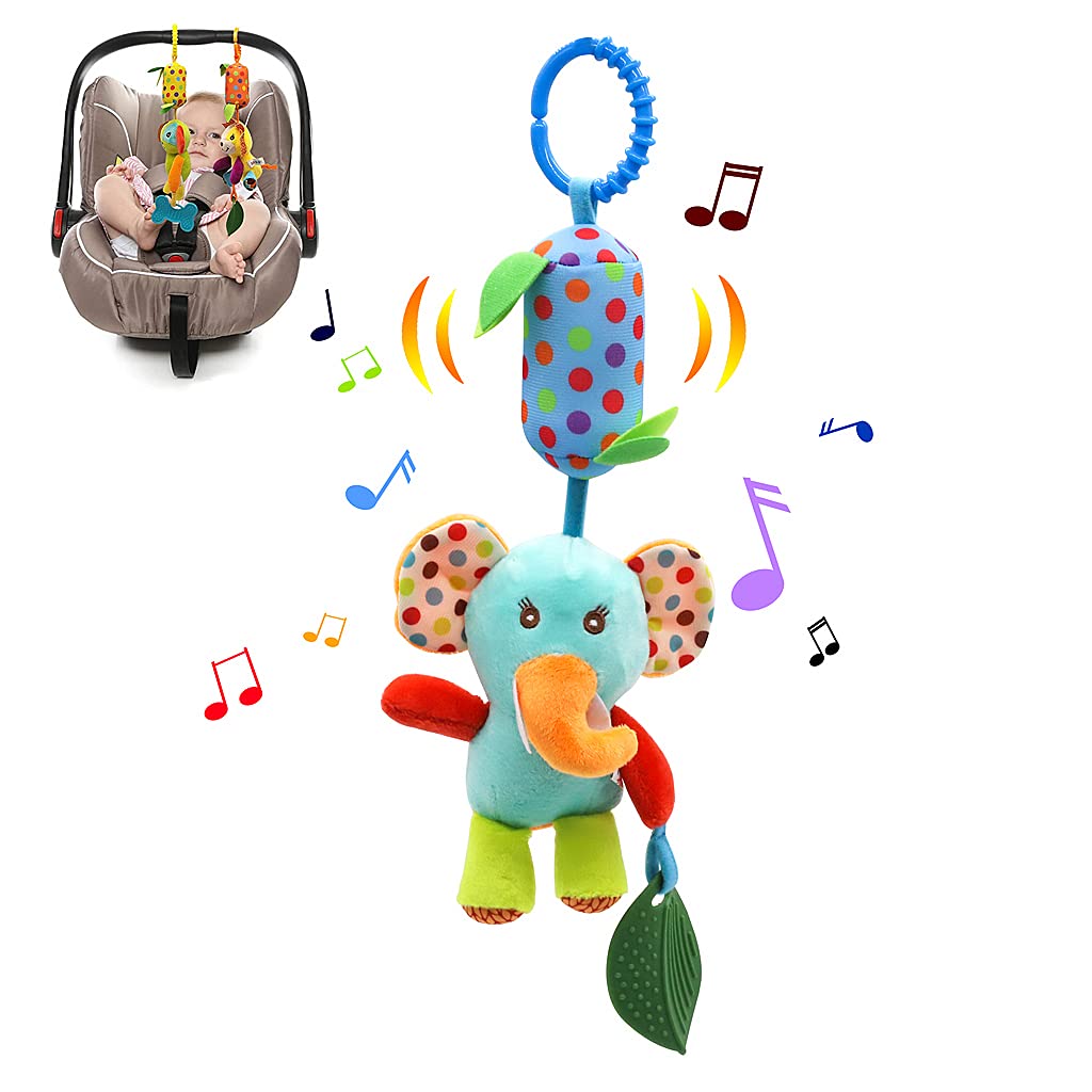 SNOWIE SOFT Baby Soft Hanging Rattle Crinkle Squeaky Toy Car Seat Stroller Toys with Teethers Plush Animal C-Clip Ring for Infant Babies Boys and Girls 3 6 9 to 12 Months (Multi-Colour-Elephant)