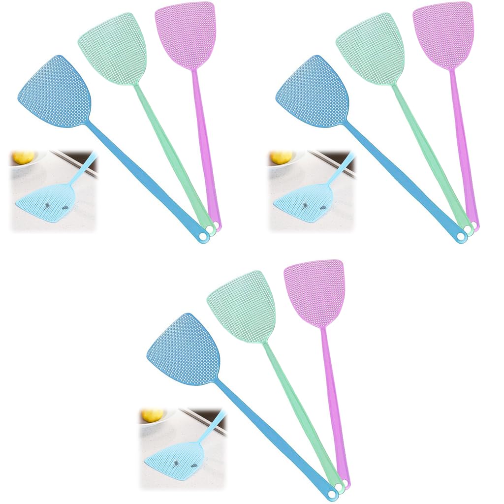 Supvox Fly Swatters for Indoor and Outdoor Use with 17.5 in Long Handle Grid Design | 3 Color PP Plastic Pack