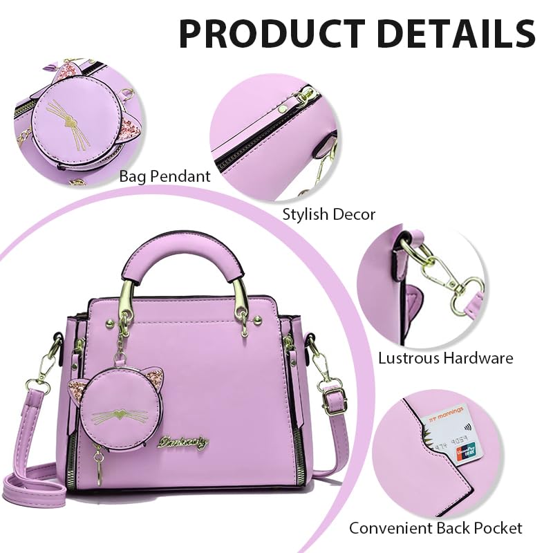 ZIBUYU® Hand Bag for Women Stylish PU Small Tote Bag with Detachable Strap & Cat Ear Pouch, Crossbody Shoulder Bag for Daily Use (Purple, 24x10x18cm)