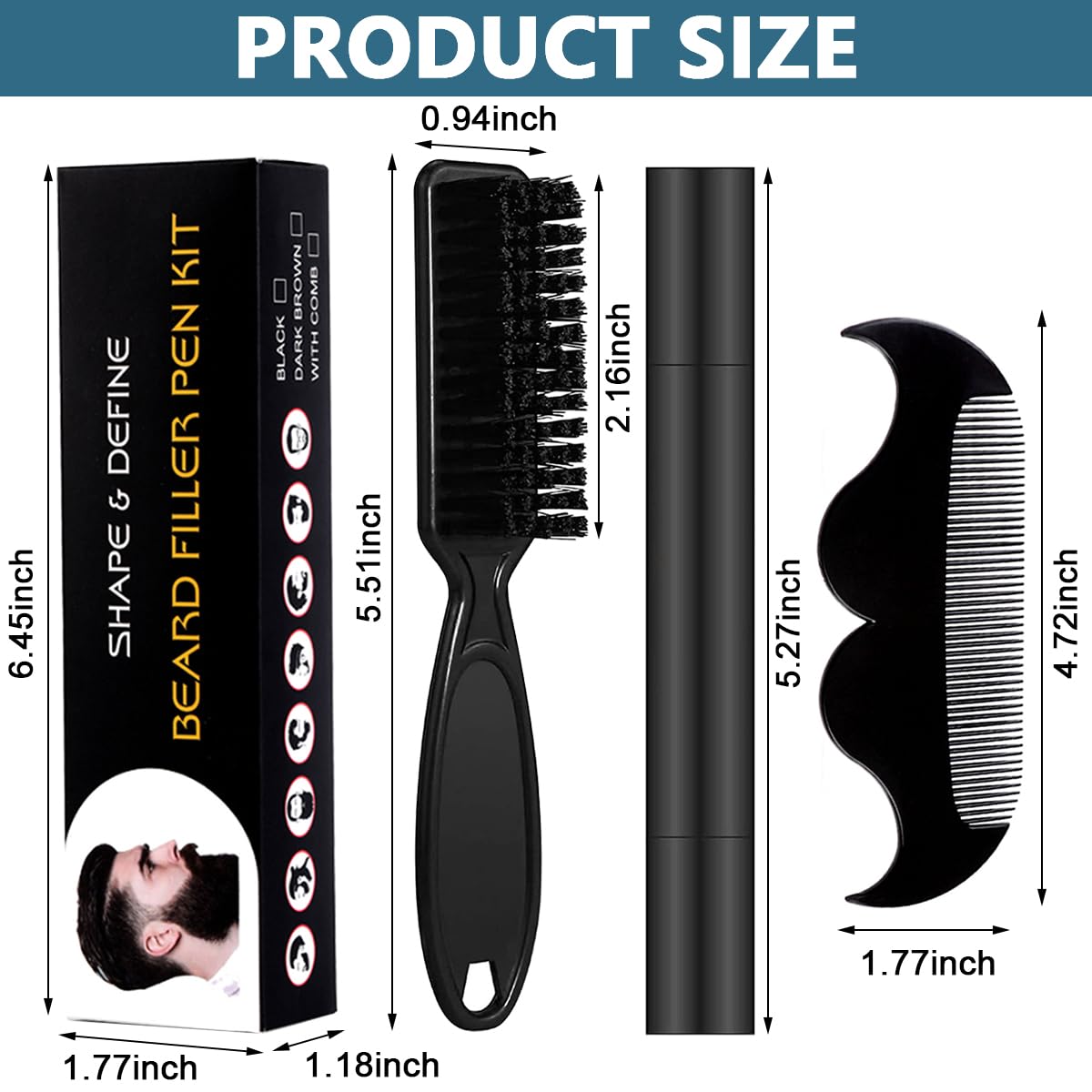 MAYCREATE® Barber Beard Pencil Filler for Men Dual Tip 2 in 1 Beard Pencil with Comb & Brush for Beard Styling, Sweat Proof Beard Pencil Filler Mustache Kit for Men Beard, Mustache, Eyebrows (dark)