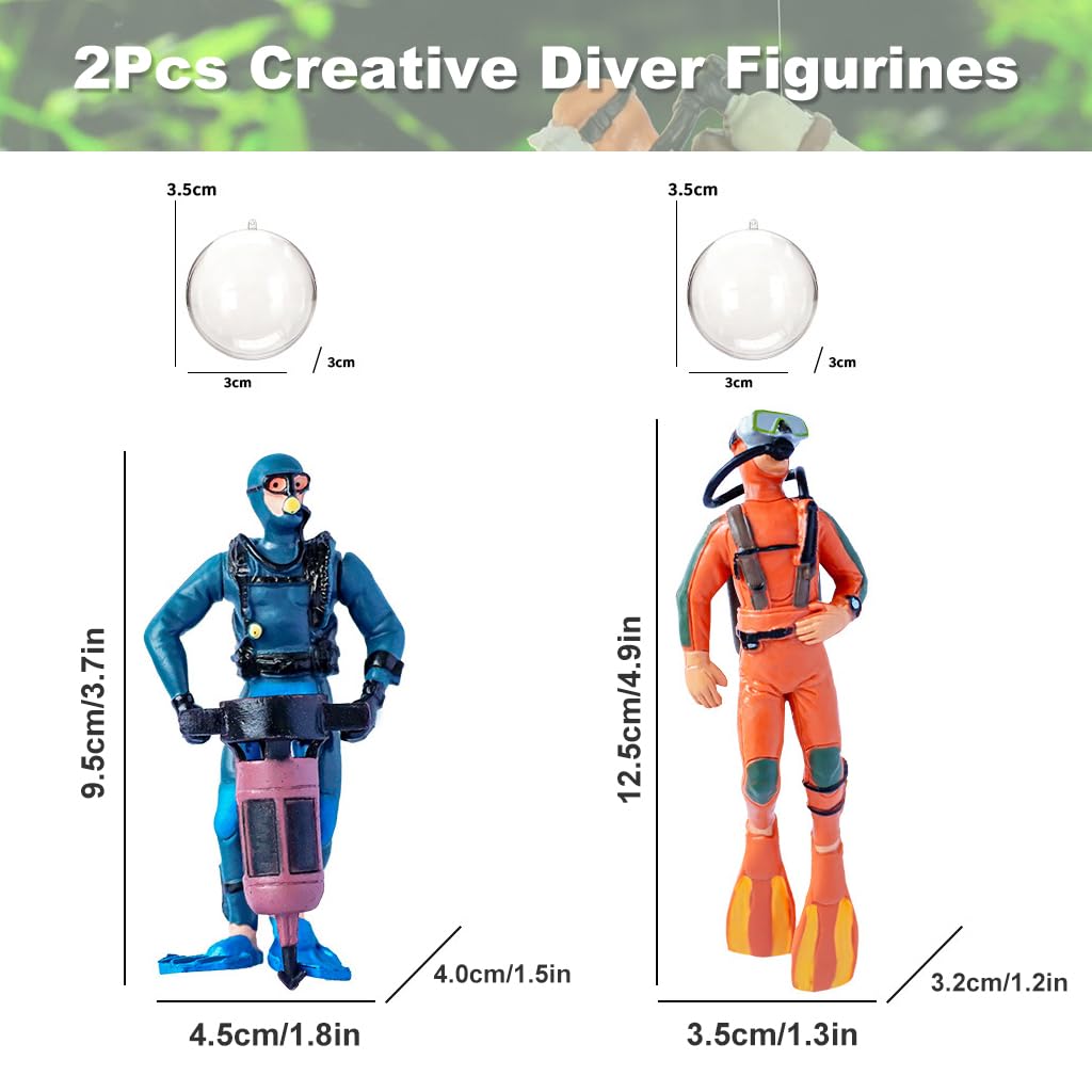 Qpets Fish Tank Floating Ornaments for Aquarium with 4.8 in Diver Figurines and Floating Ball | Blue and Orange Set