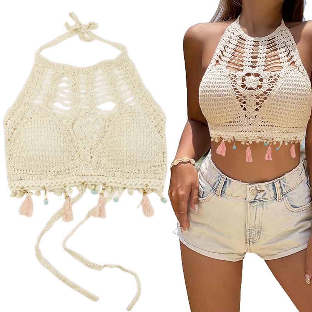 PALAY® Women's Summer Beach Backless Crochet Halter Bikini Crop Top Crochet Hollow Out Tassle Embroidery Knit Boho Beachwear