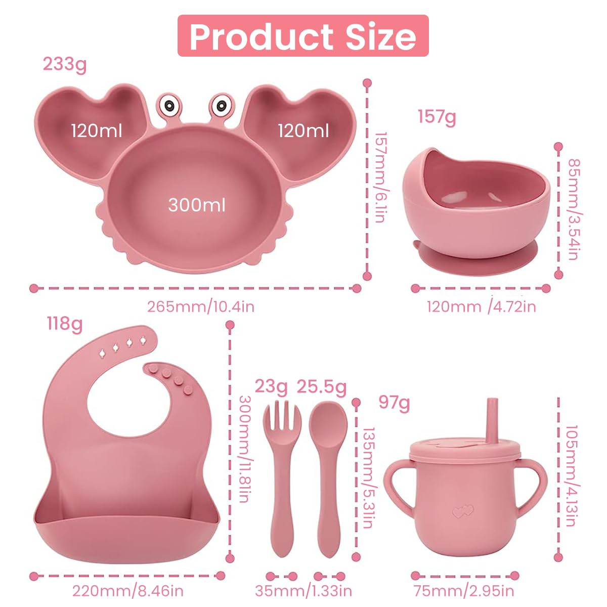 SNOWIE SOFT® 6pcs Silicone Tableware Kit for Baby, Foodgrade Silicone Tableware Kit with Suction Plate & Bowl, Cup with Straw, Spoon Fork and Bib, BPA-Free Dishwasher & Microwave Safe Baby Product