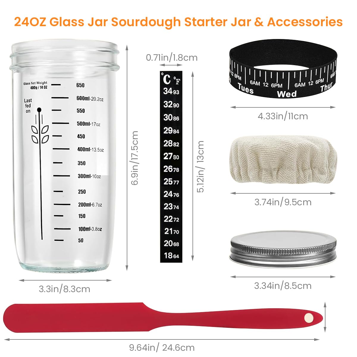 Supvox Sourdough Starter Kit with 25.6oz Glass Jar and Integrated Scale | Silicone Spatula and Thermometer Strap