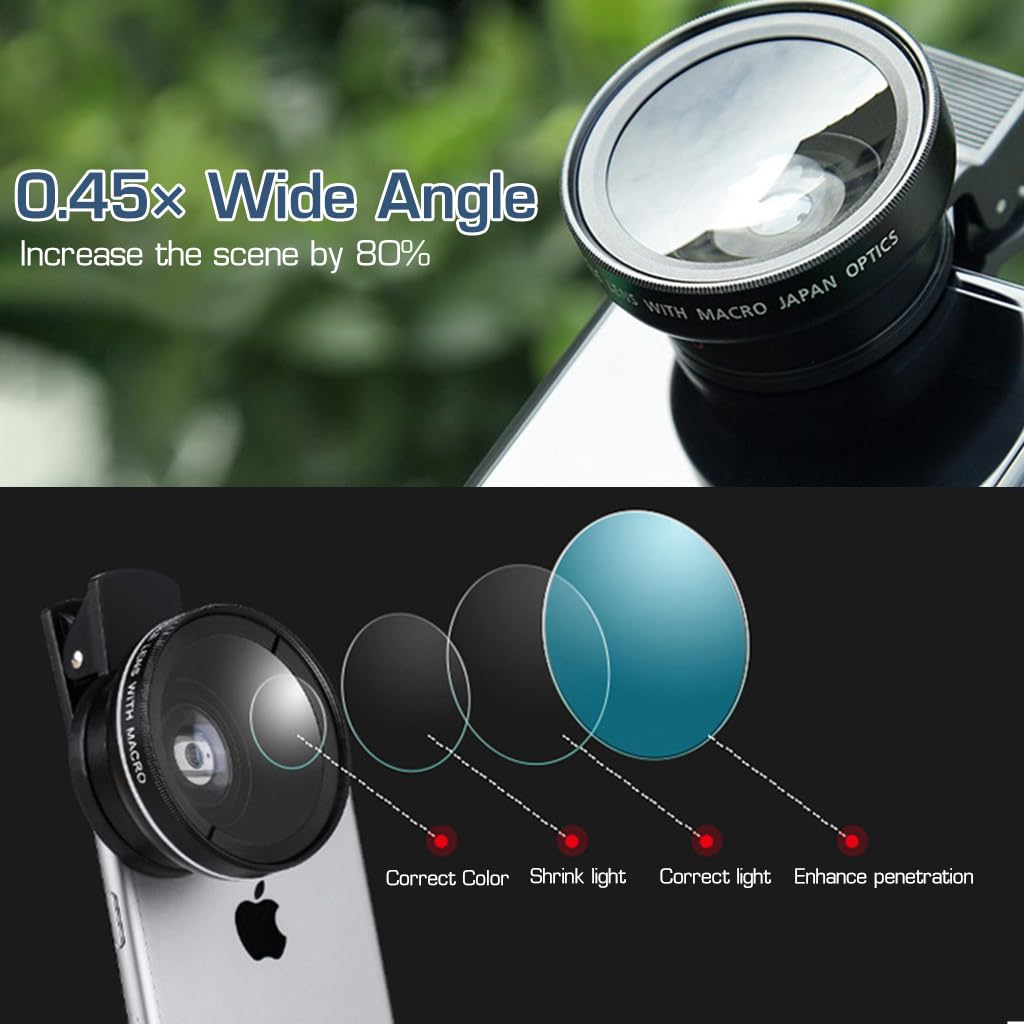 ZORBES® Professional Mobile Phone Lens Attachment 0.45X Wide Angle Lens with & 12.5X Macro HD Clip-on Phone Camera Lens Universal Phone Camera Lens for iPhone/Samsung/Oppo/Realme