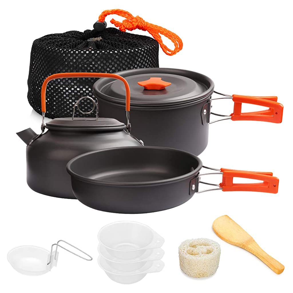 Proberos Camping Cookware Set for 2–3 People with 2L Pot and Foldable Handles | Non-Stick Hard Anodized Aluminum