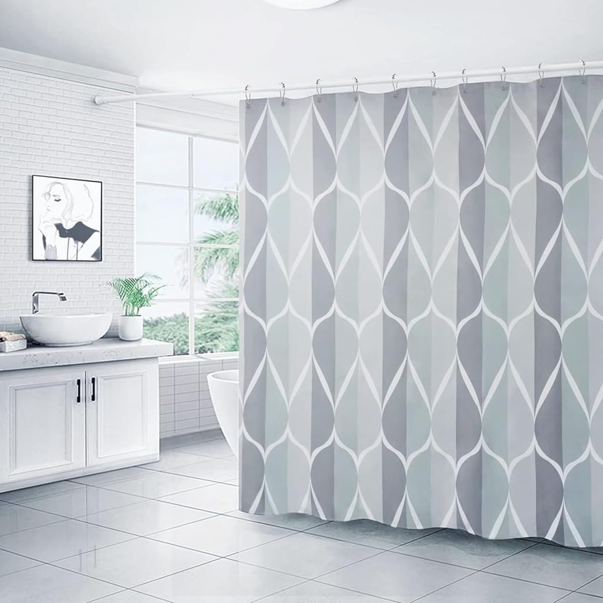 Supvox Shower Curtain for Bathroom Use with Weighted Hem and Hooks 71x71 in Grey Line Design
