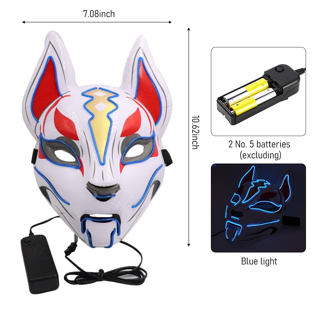 Optifit® Halloween Mask, Fox Mask LED Mask, Fortnite Light-up Mask for Halloween Cosplay Game Party Props, Face Cover with Head Strap Dress-Up, Gift for Fortnite Gamer (Blue)