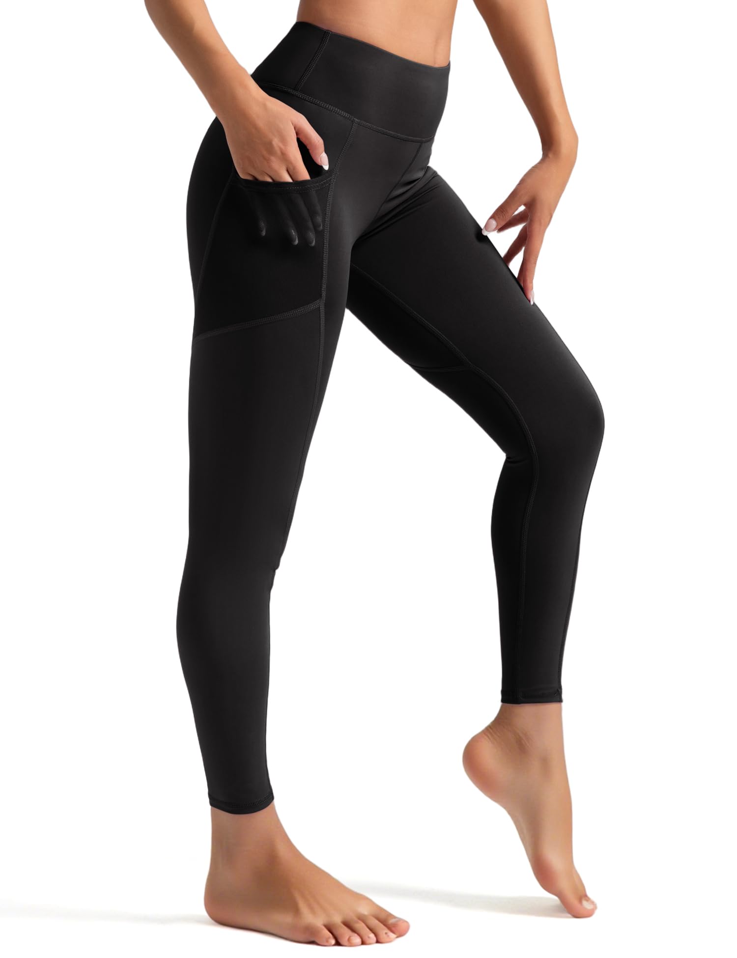 Venzina Yoga Pants for Women with Mesh Panels and Side Pockets | Buttery Soft Black Tights