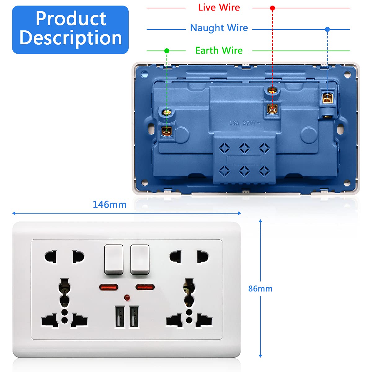 HASTHIP 2.1A 2 USB Multi Plug Socket Switch-Control Wall Socket with Installation Box 13A-250V Charger Power Panel Receptacle 5 Outlet Switch (multi)