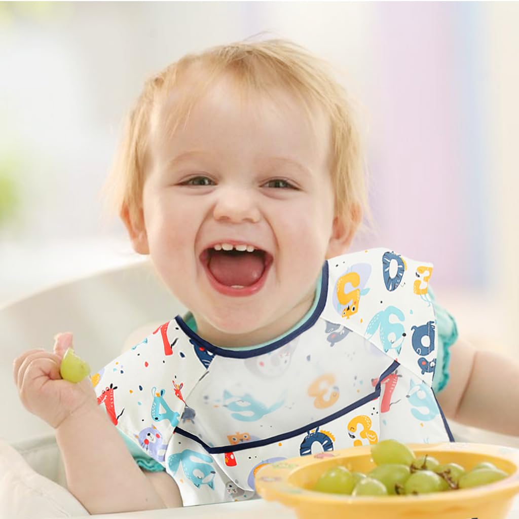 SNOWIE SOFT Sleeveless Baby Bib with Pocket Summer Toddler Bib Washable and Lightweight Waterproof EVA Baby Bib Tie Back Cartoon Print Toddler Bibs for Baby 6-24 Months