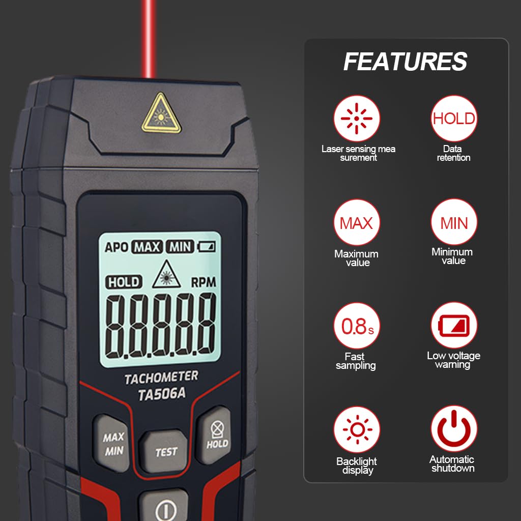 Serplex LCD Digital Tachometer for HVAC and Mechanical Testing with 3~99999 RPM Range | Non Contact Speed Gauge Featuring Data Hold and Max Min Recording