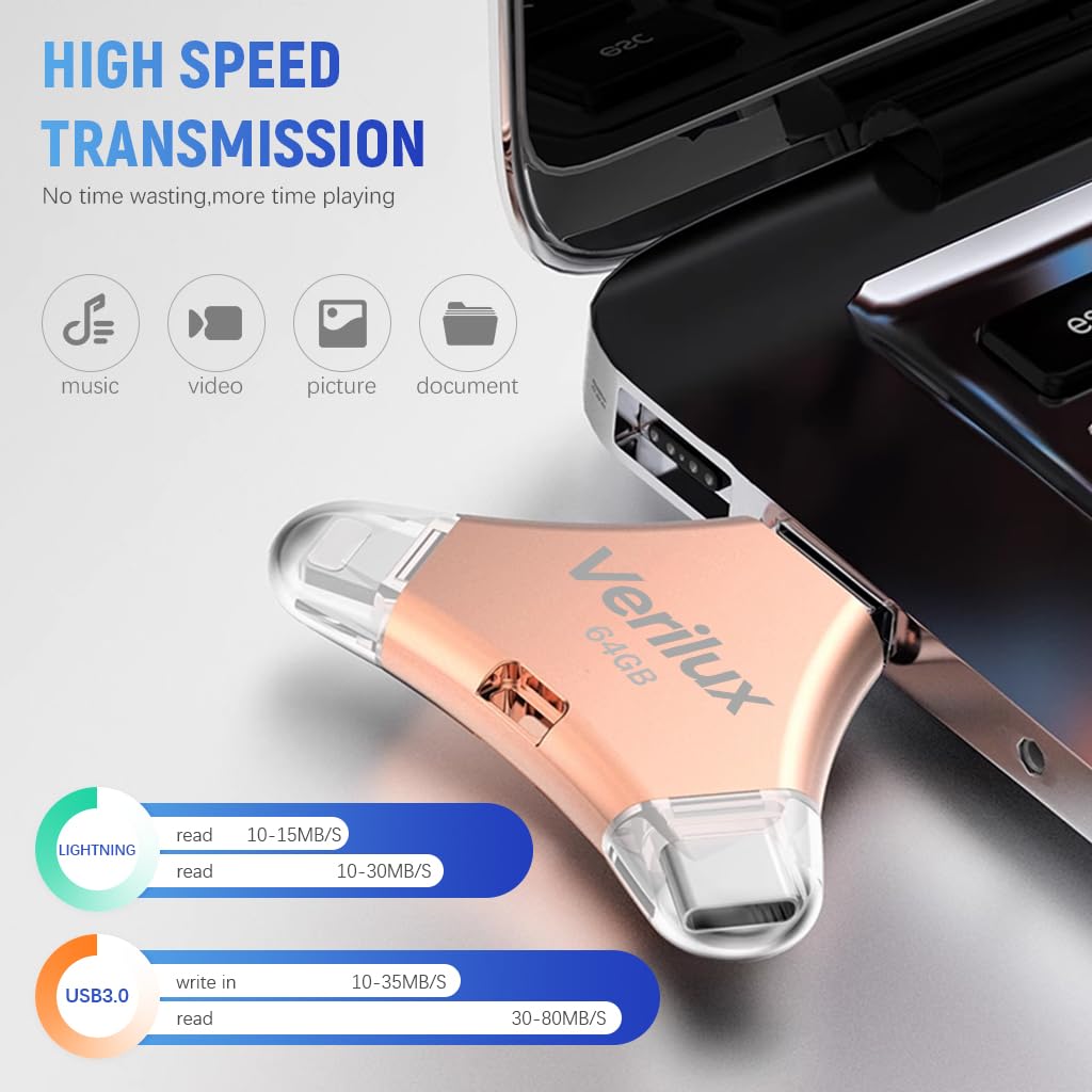 Verilux Pendrive 64 GB for iPhone and Android with 4 in 1 USB Ports and Metal Keychain Design