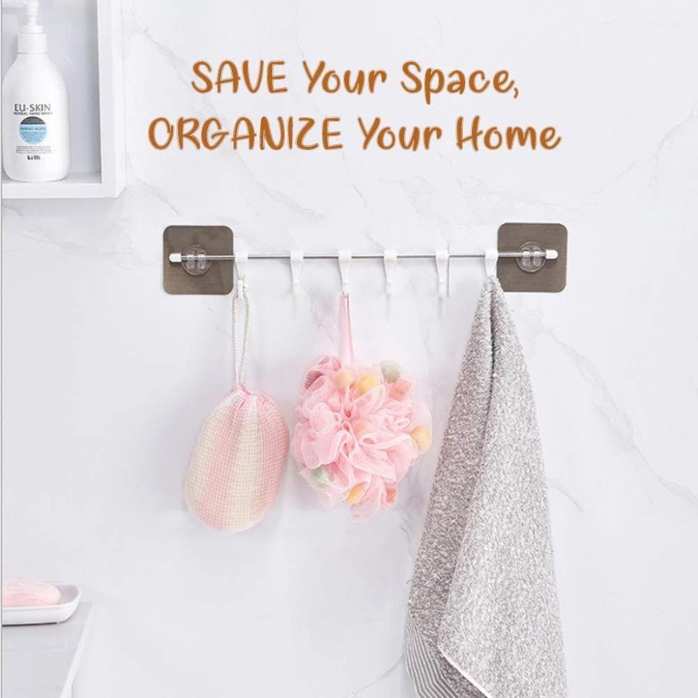 HASTHIP Self Adhesive Towel Rail for Kitchen and Bathroom with 6 Hooks 40x7 cm | White Stainless Steel and Plastic Design