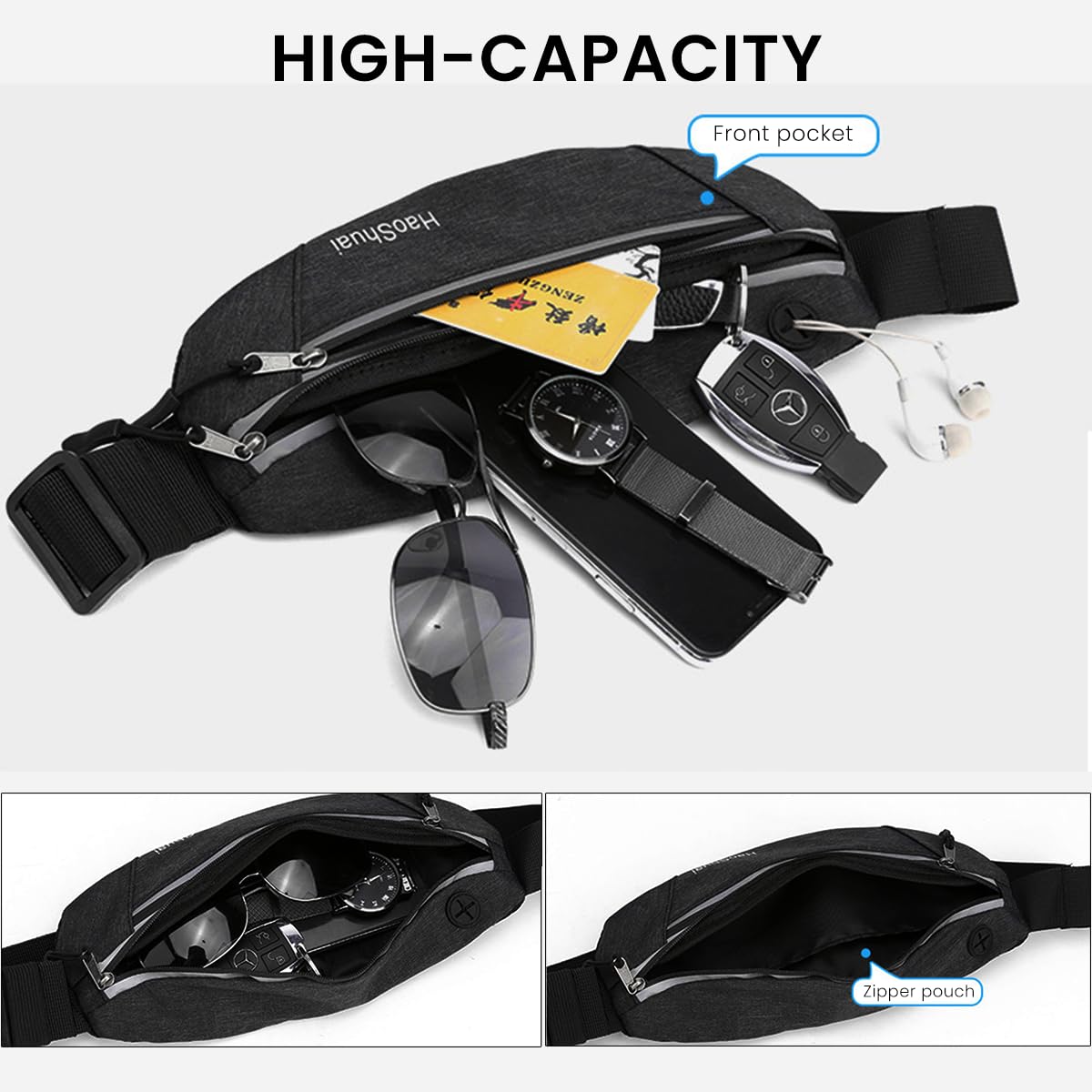 Venzina Waist Bag for Running with Double Layer Compartments and Earphone Hole | Waterproof Nylon Pack for Men and Women