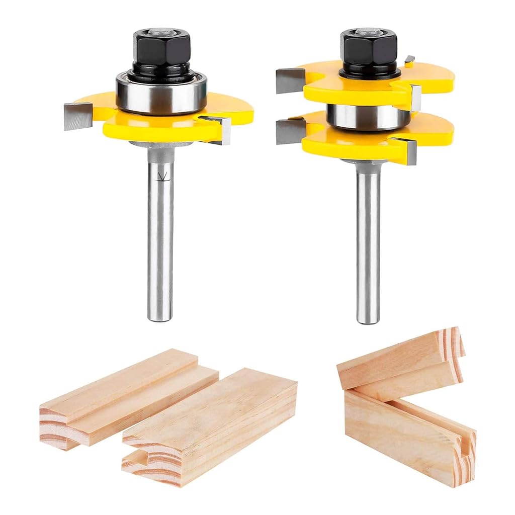 Serplex® Tongue and Groove Router Bit Set of 2 Pieces, 1/4 Inch Shank, 3 Teeth Adjustable T Shape Wood Milling Cutter, 1/2Inch Cutting Depth3/4Inch StockWoodworking Tools