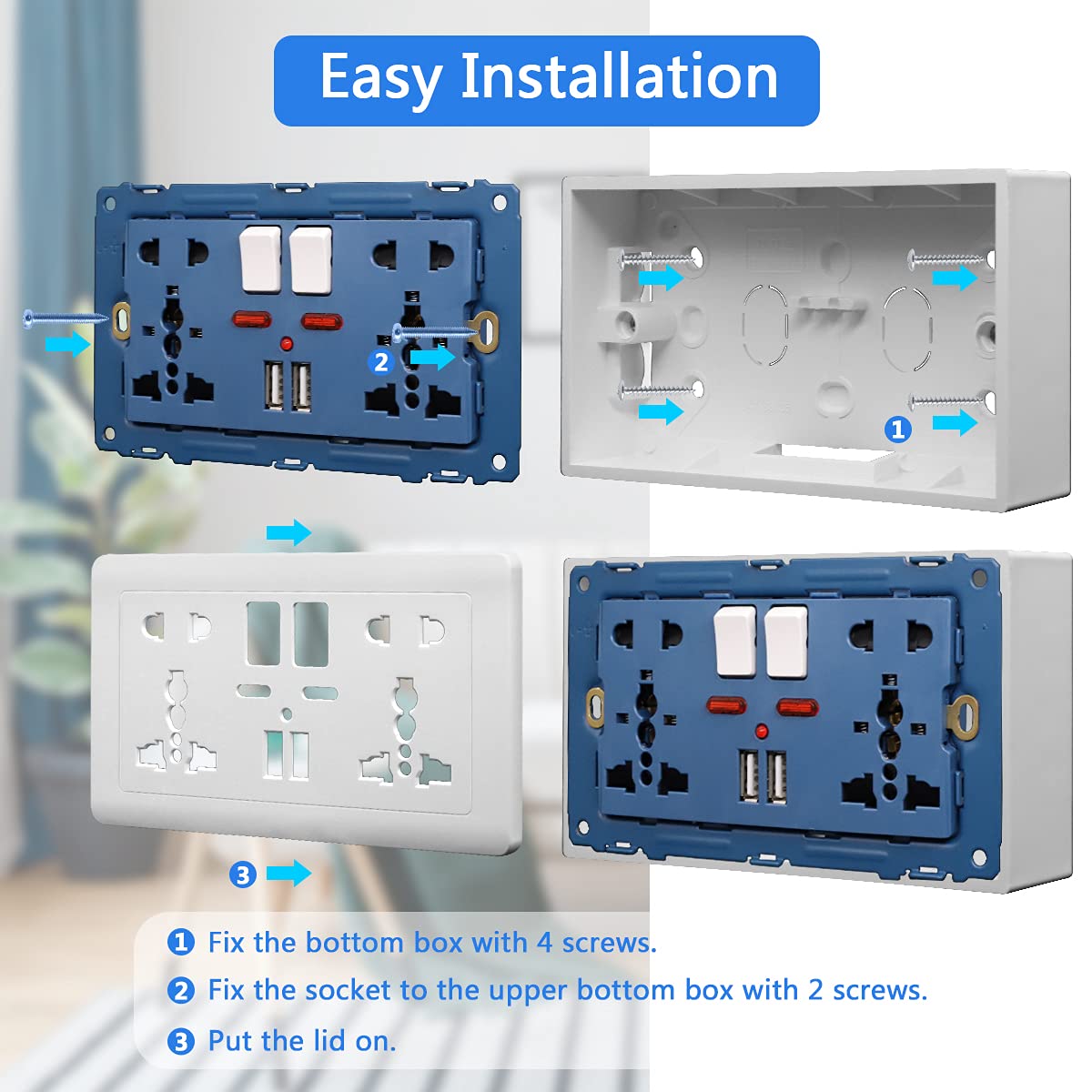 HASTHIP Multi Plug Socket for Home and Office with 2 USB Ports 13A 250V | Fireproof PC
