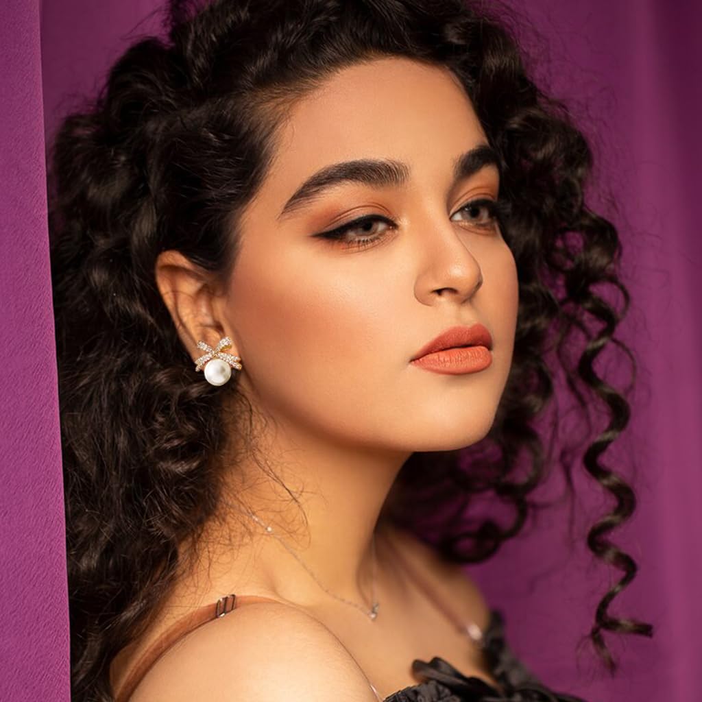 ZIBUYU Bow Pearl Earstuds featuring Rhinestone Embellished Alloy Design for Women | Elegant Gift for Weddings and Birthdays