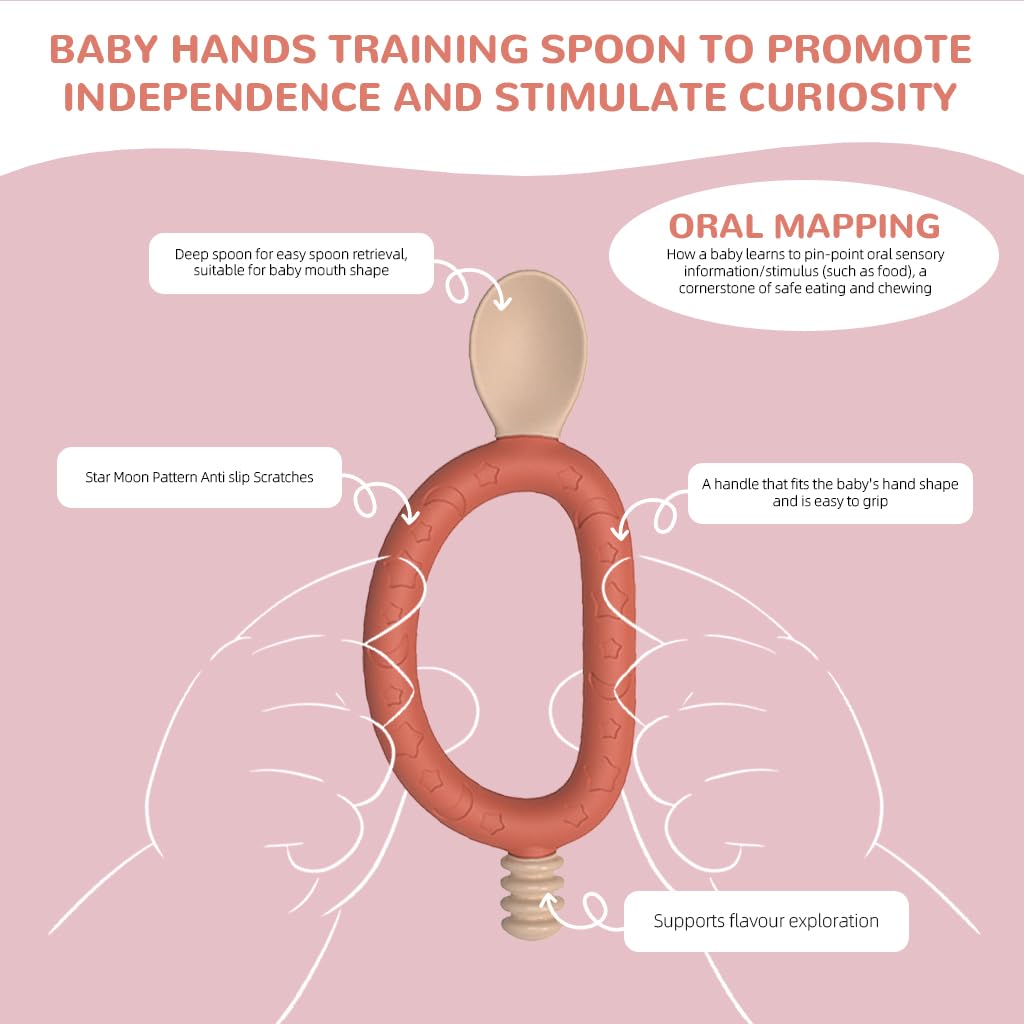 SNOWIE SOFT® Baby Spoon 2 in 1 Baby Spoon Teether Spoon Feeding Spoon Innovative Loop Grip Self-feeding Spoon Food Grade BPA Free Soft Silicone Spoon Heat Resistant Baby Spoon for 6 Month+, Pink