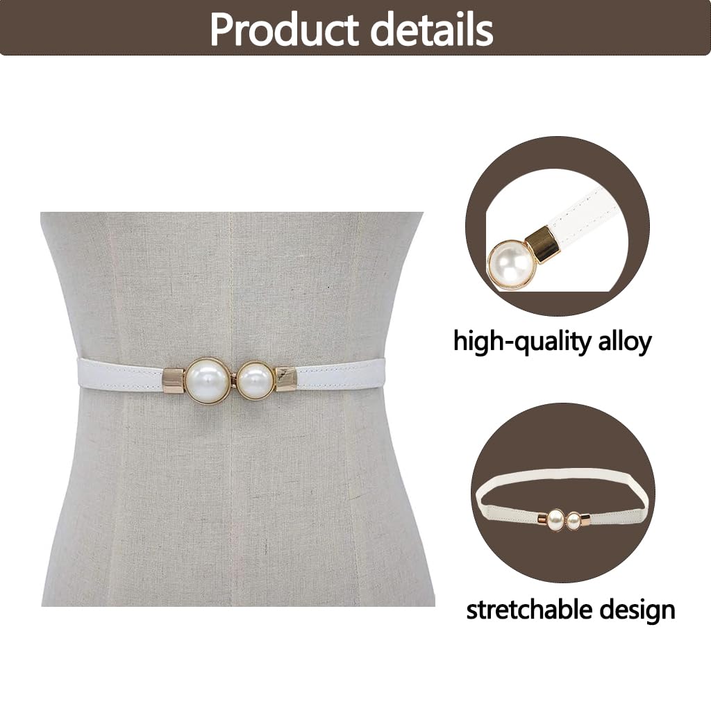 Zibuyu Women Skinny Waist Belt for Dresses with Gold Pearl Buckle 60–80cm Adjustable | White PU Faux Leather Elastic Design