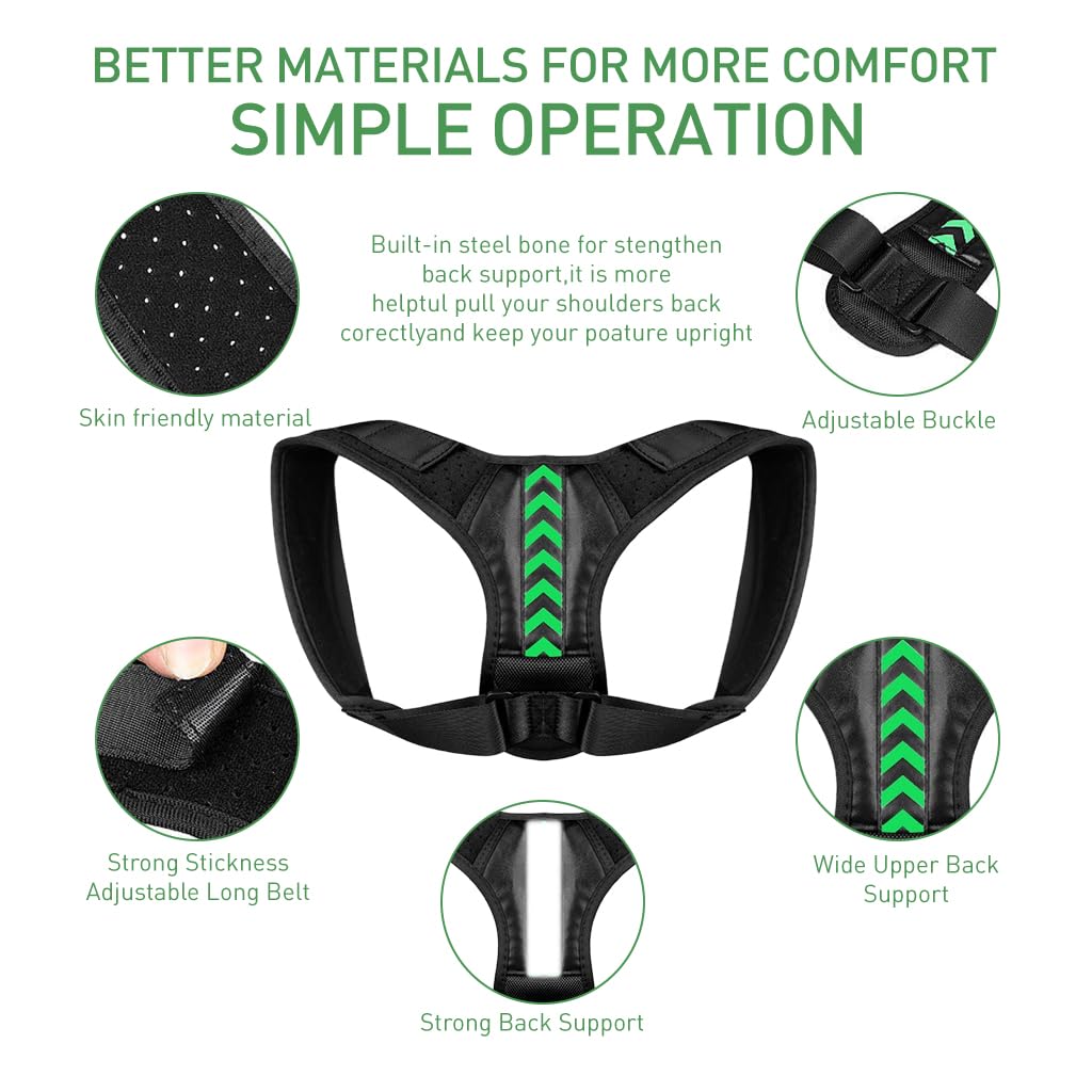 HANNEA® Posture Corrector For Men & Women, Spine & Body Posture Correction Back Support Belt, Improving Posture Adjustable Back Shoulder Support Belt - Back Pain Relief Products, Black Green Arrow, M