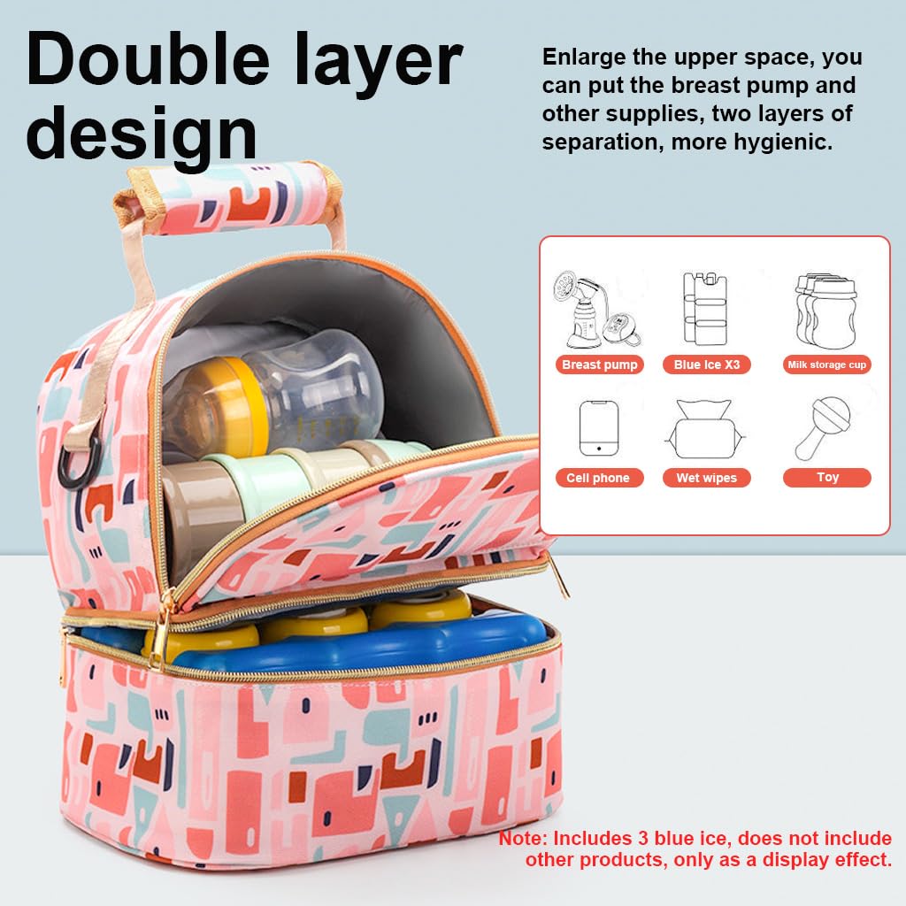 Zibuyu Breastmilk Storage Bag for Travel with Double Layer Design and 6oz Bottles | Pink Nylon Insulated Backpack