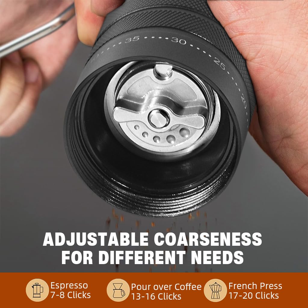 Supvox Hand Coffee Grinder for Travel with 25g Capacity CNC Steel Burr and Wooden Handle